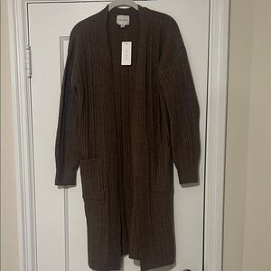 Long Ribbed Open Cardigan - Brown